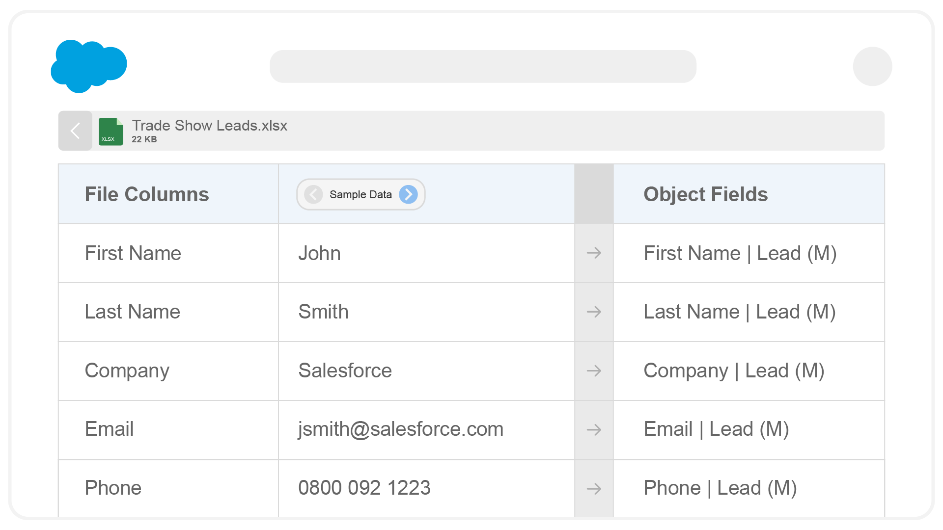 Impowr mapping used to map fields from a Leads spreadsheet to the corresponding Lead object fields in Salesforce.