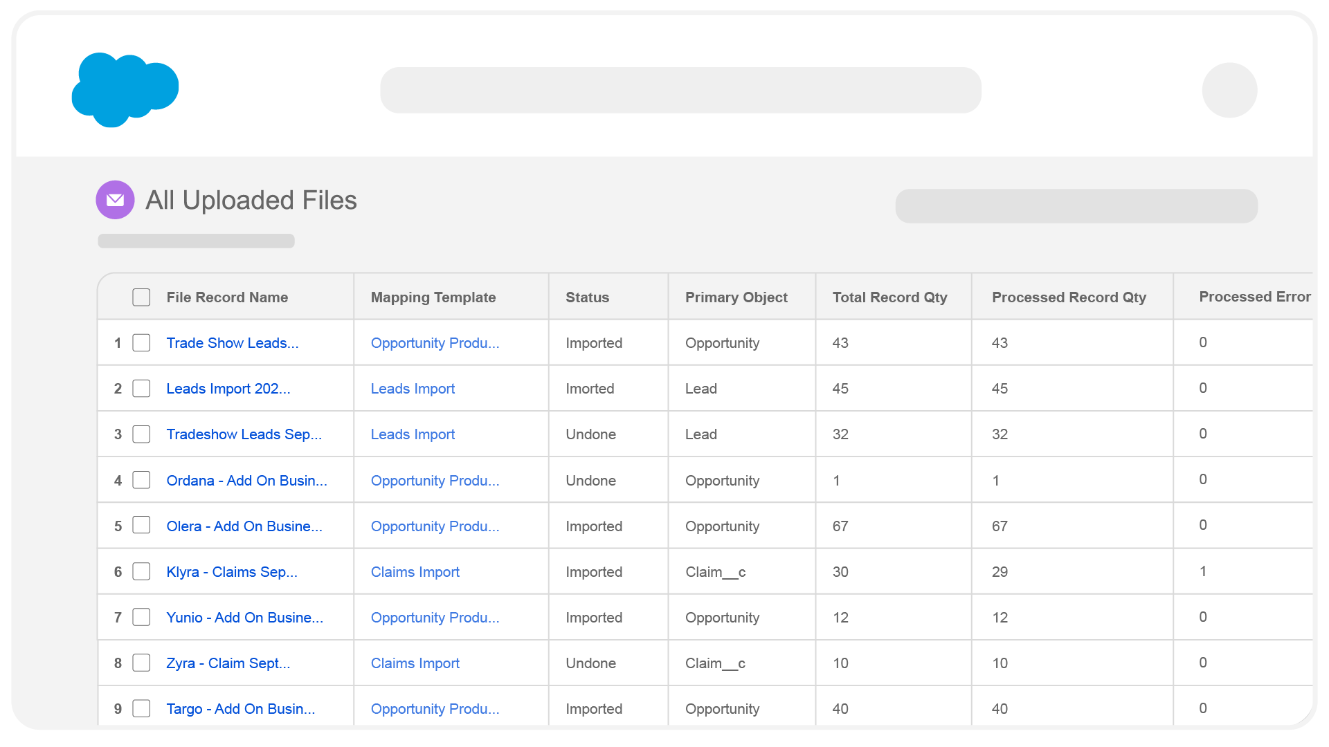 A list of all previously imported files with Impowr, viewed by an Admin, showing the import status, processed records and errors, and other information.